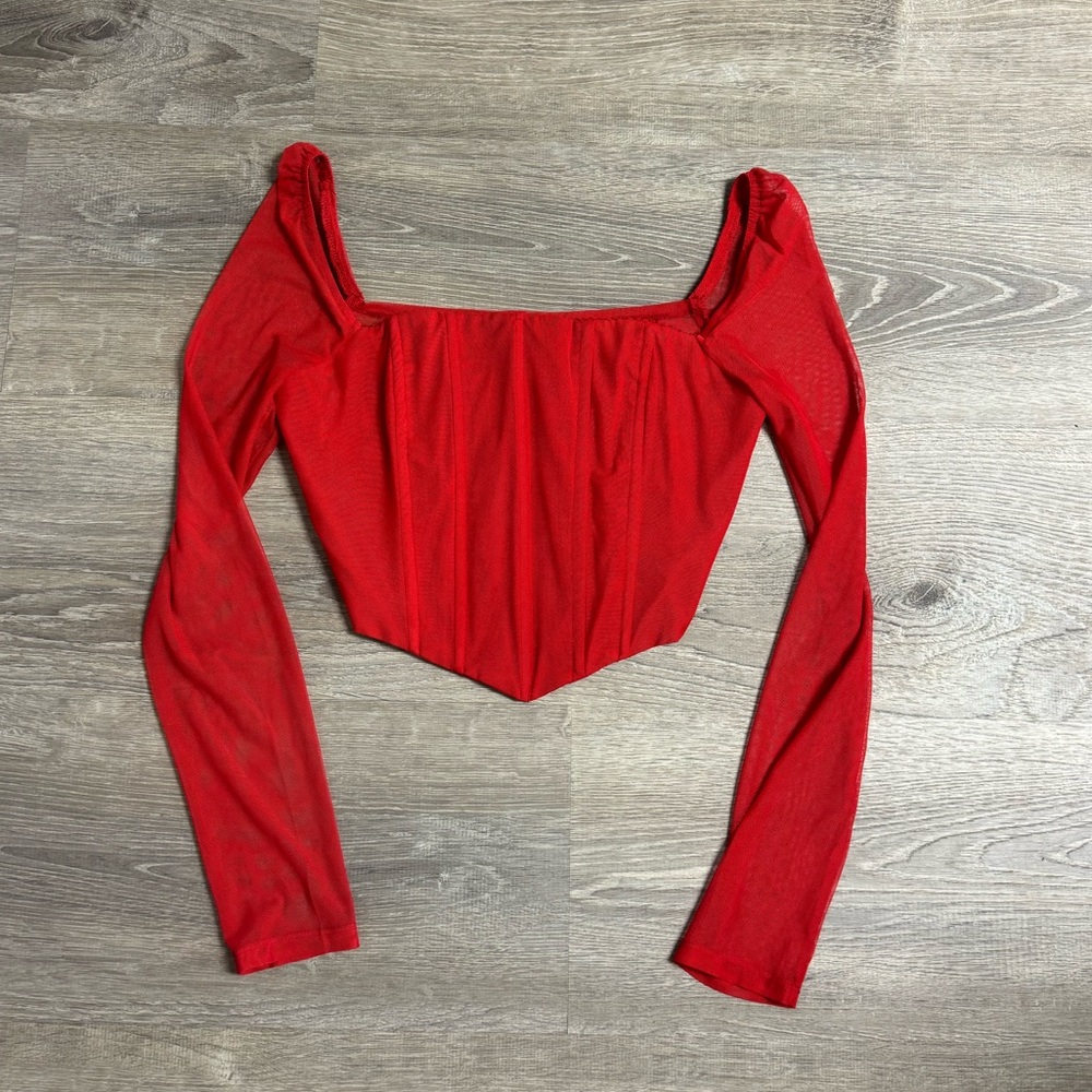 Princess Polly Red Square Neck Long Sleeve Crop Top